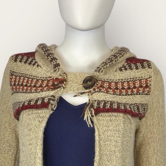 Free People Cardigan Wool Angora Blend Beige & Maroon Hoodie Boho Fair Isle - Picture 1 of 8